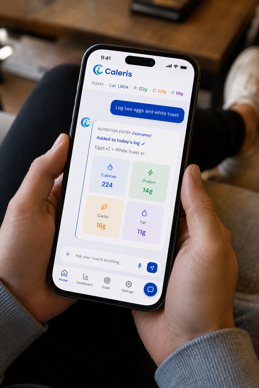 Caleris coach screen showing a meal logged from plain-English chat